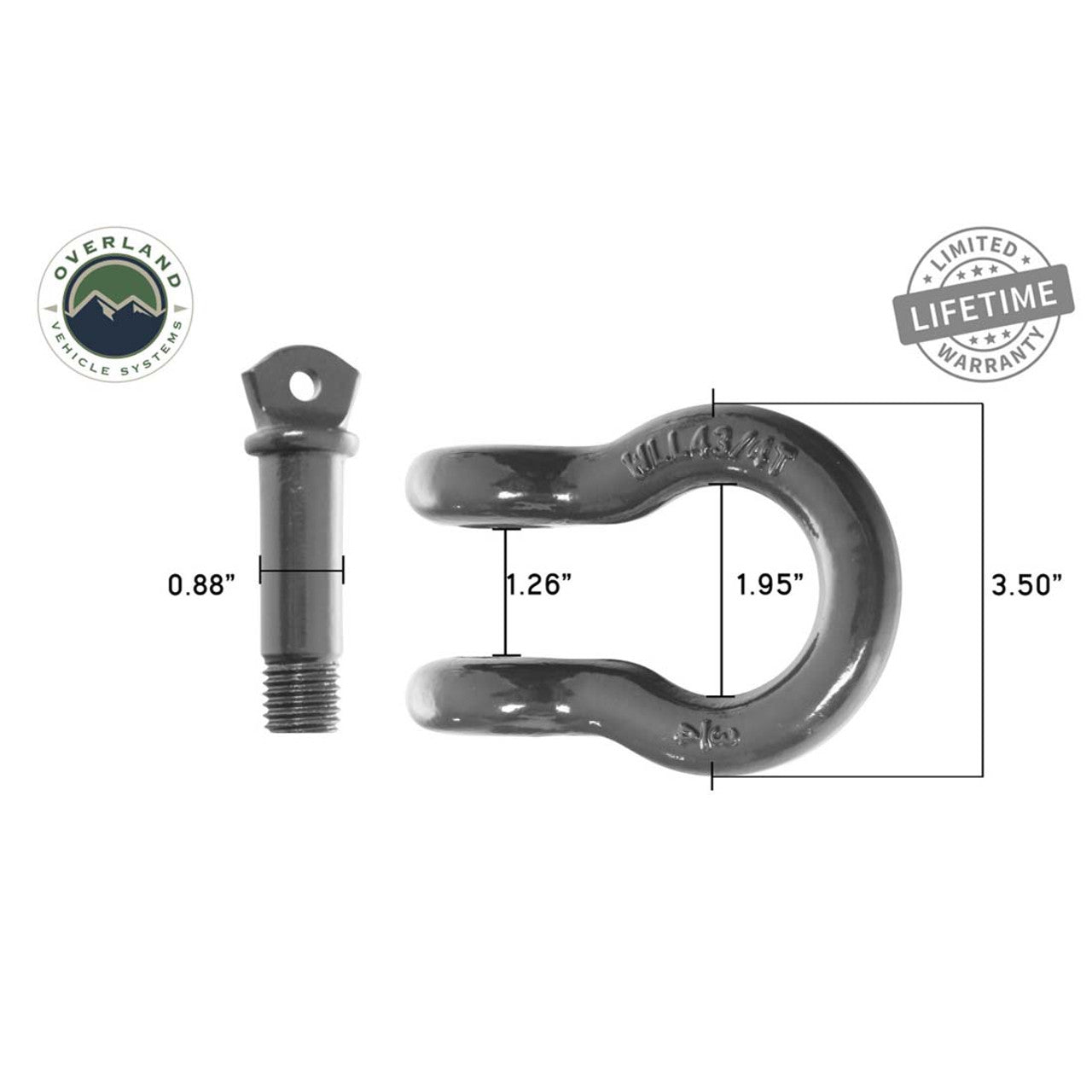 Overland Vehicle Systems Recovery Shackle D-Ring 3/4 Inch 4.75 Ton Grey