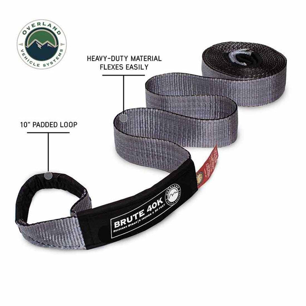 Overland Vehicle Systems Tow Strap 4 Inch x 30 Foot Grey With Black Ends and Storage Bag
