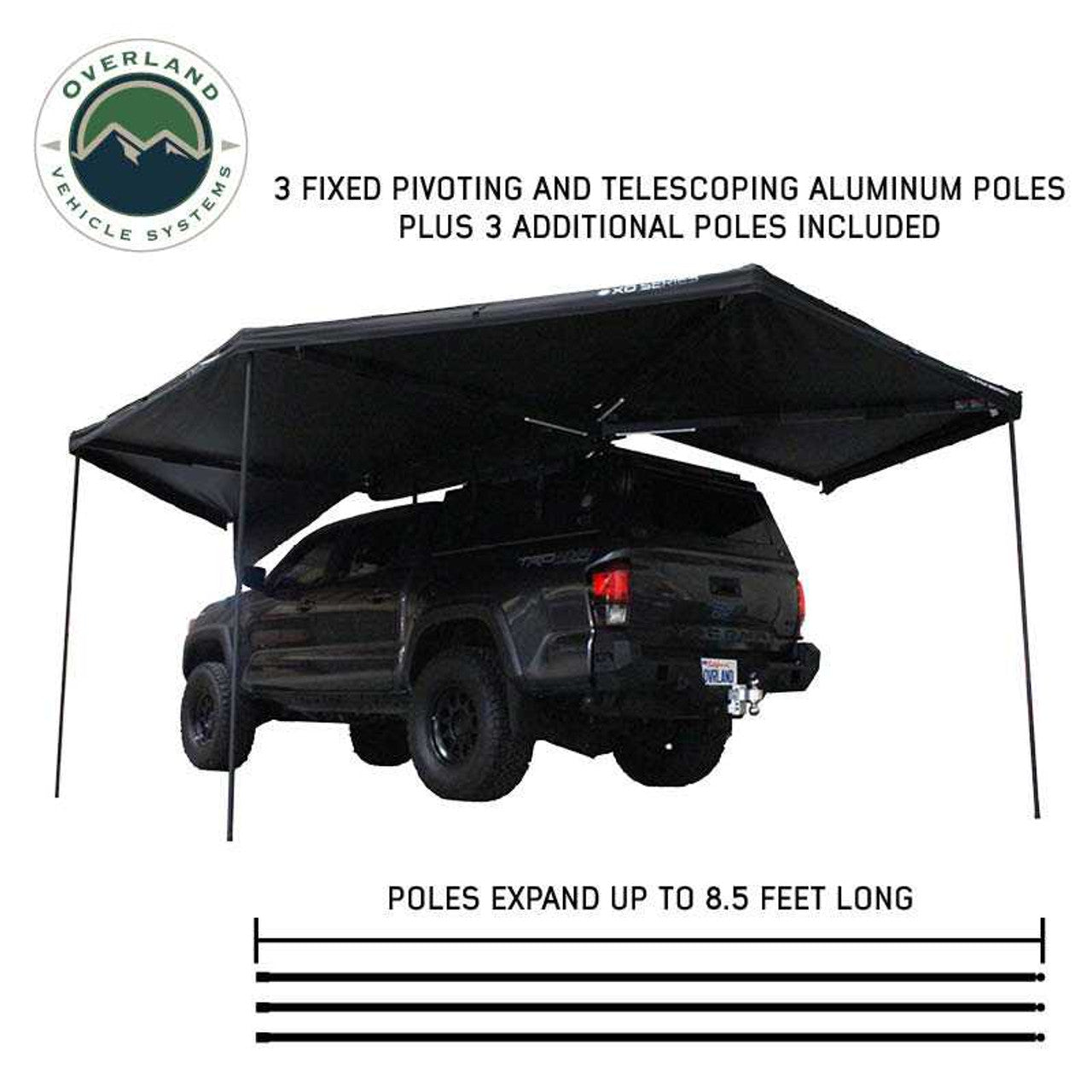 Overland Vehicle Systems XD Nomadic 270 - Awning W/Lights and Black Out , Driver Side, Black Body, Black Trim and Black Travel Cover
