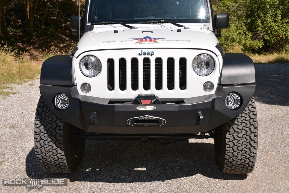 Rock Slide Engineering Jeep JK Full Front Bumper For 07-18 Wrangler JK With Winch Plate No Bull Bar Black Powder coated Rigid Series Rock Slide Engineering