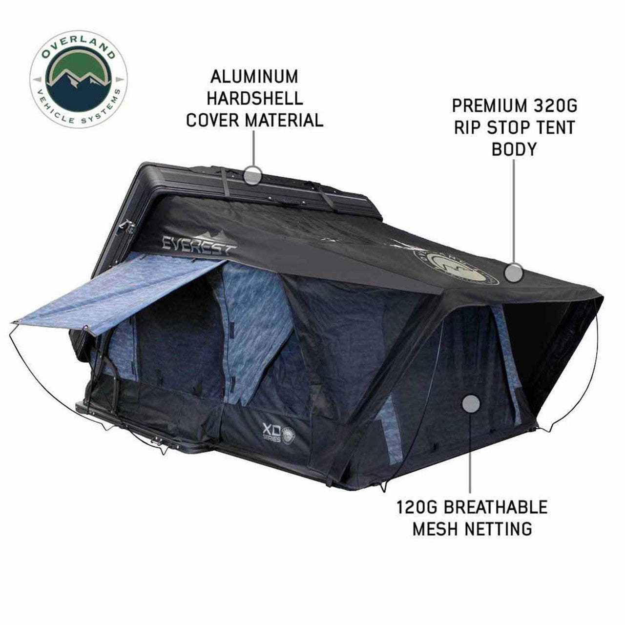 Overland Vehicle Systems XD Everest 4 - Cantilever Aluminum Roof Top Tent, 4 Person, Grey Body and Black Rainfly