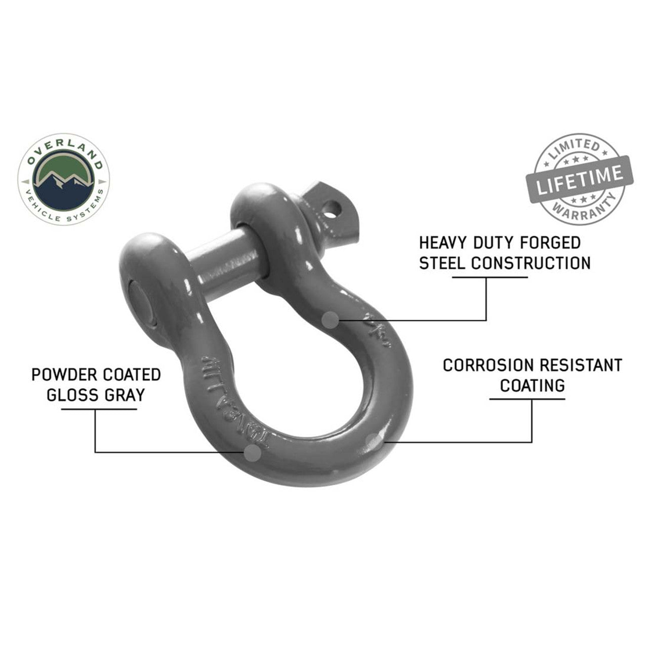 Overland Vehicle Systems Recovery Shackle D-Ring 3/4 Inch 4.75 Ton Grey