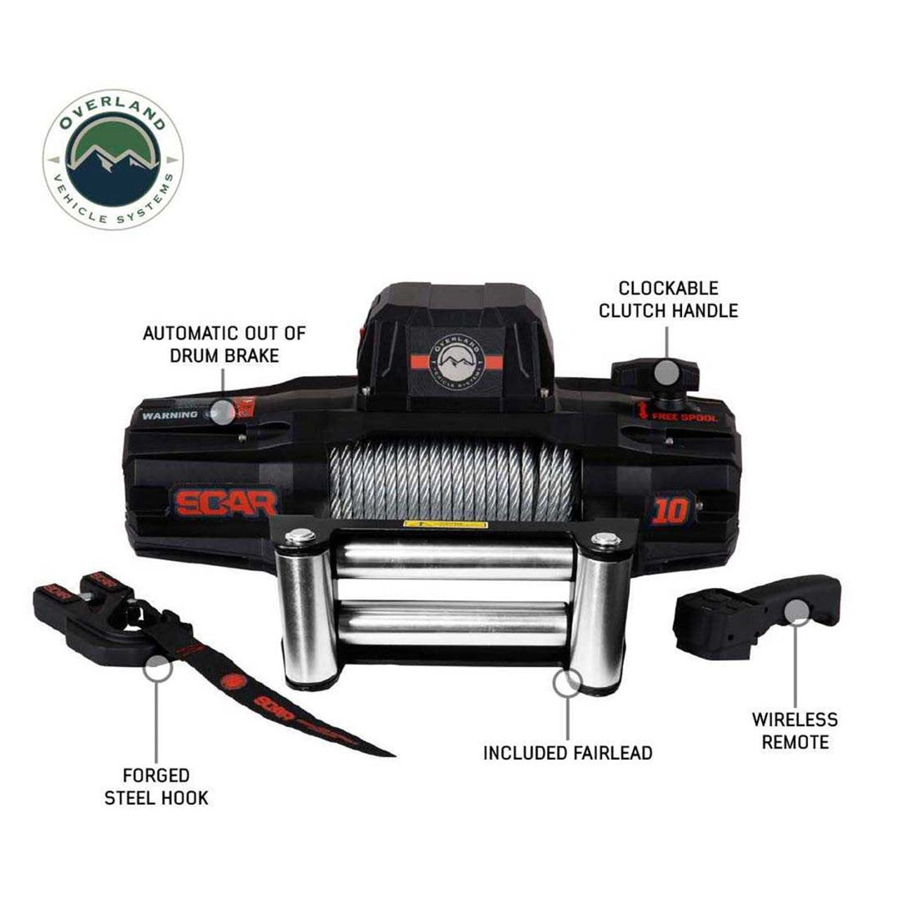 Overland Vehicle Systems SCAR 10 Winch – 10,000 lb (Steel Cable & Wireless Remote)