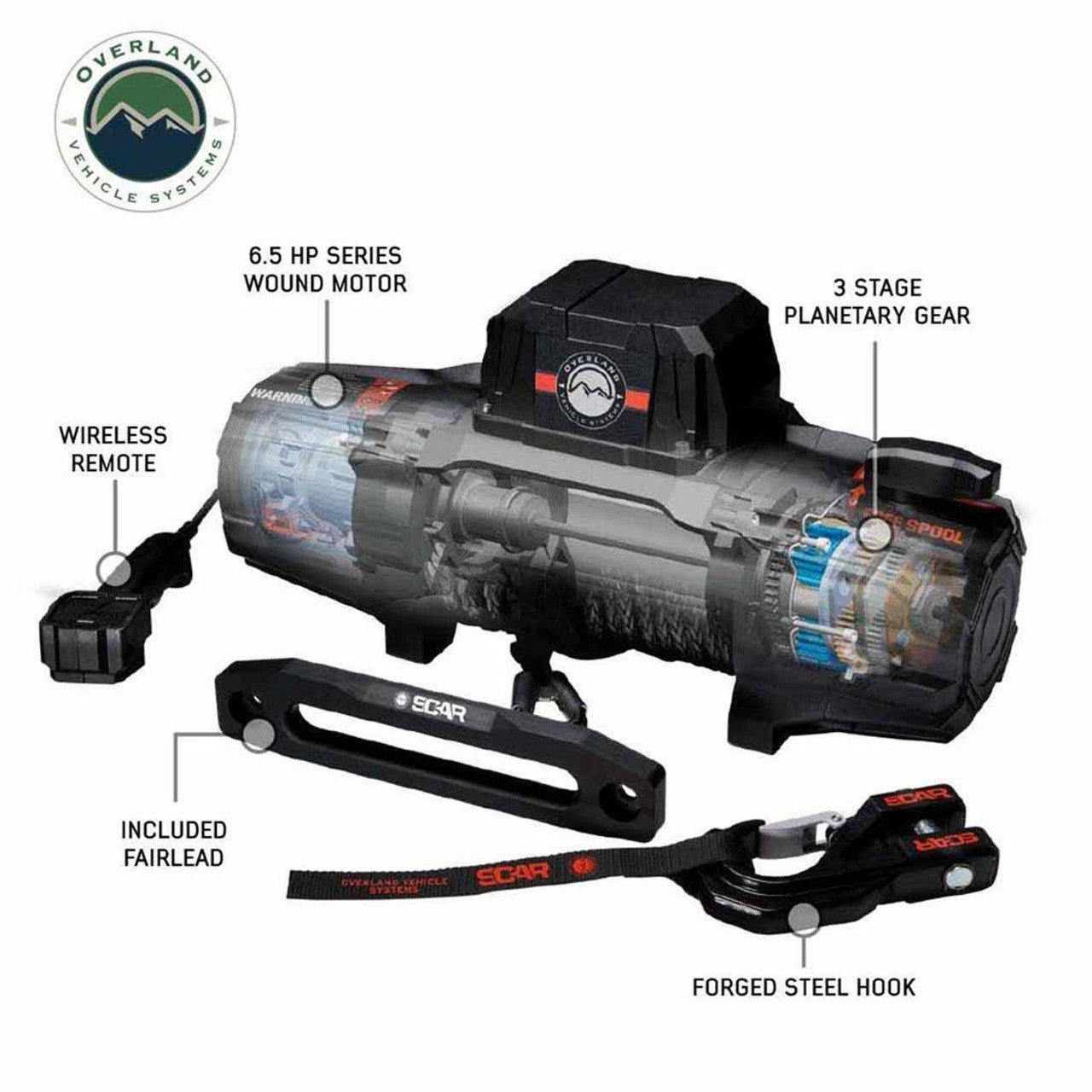 Overland Vehicle Systems SCAR 10P Winch – 10,000 lb (Synthetic Rope & Wireless Remote)