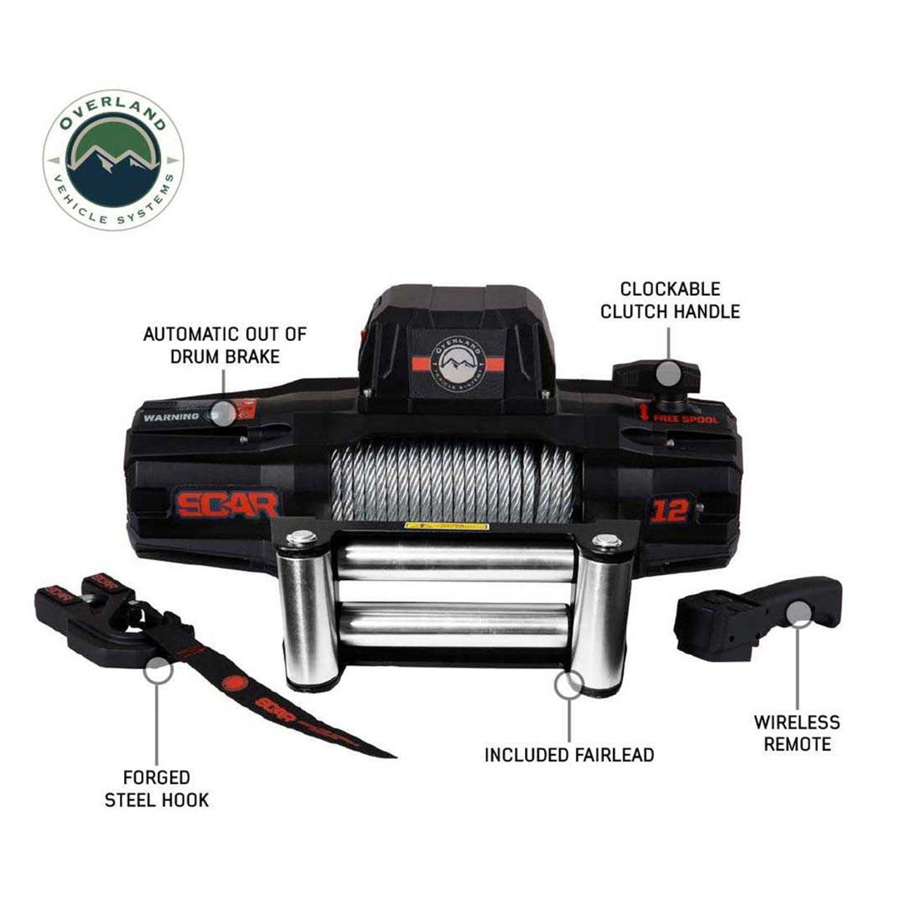 Overland Vehicle Systems SCAR 12 Winch – 12,000 lb (Steel Cable & Wireless Remote)