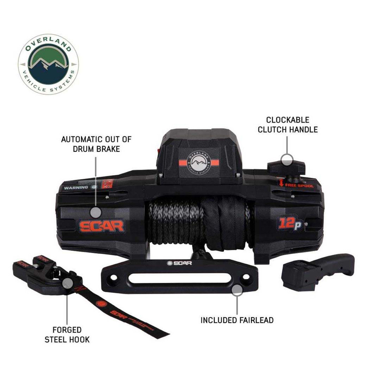 Overland Vehicle Systems SCAR 12P Winch – 12,000 lb (Synthetic Rope & Wireless Remote)
