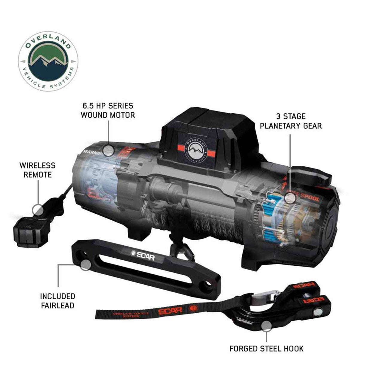 Overland Vehicle Systems SCAR 12P Winch – 12,000 lb (Synthetic Rope & Wireless Remote)