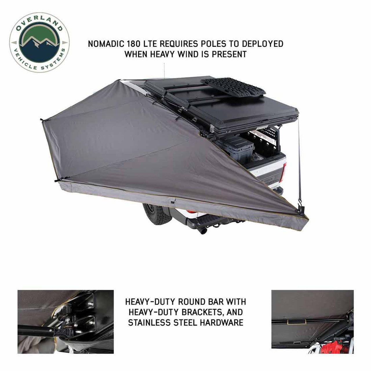 Overland Vehicle Systems HD Nomadic 180 LTE Awning – Grey / Green w/ Black Travel Cover