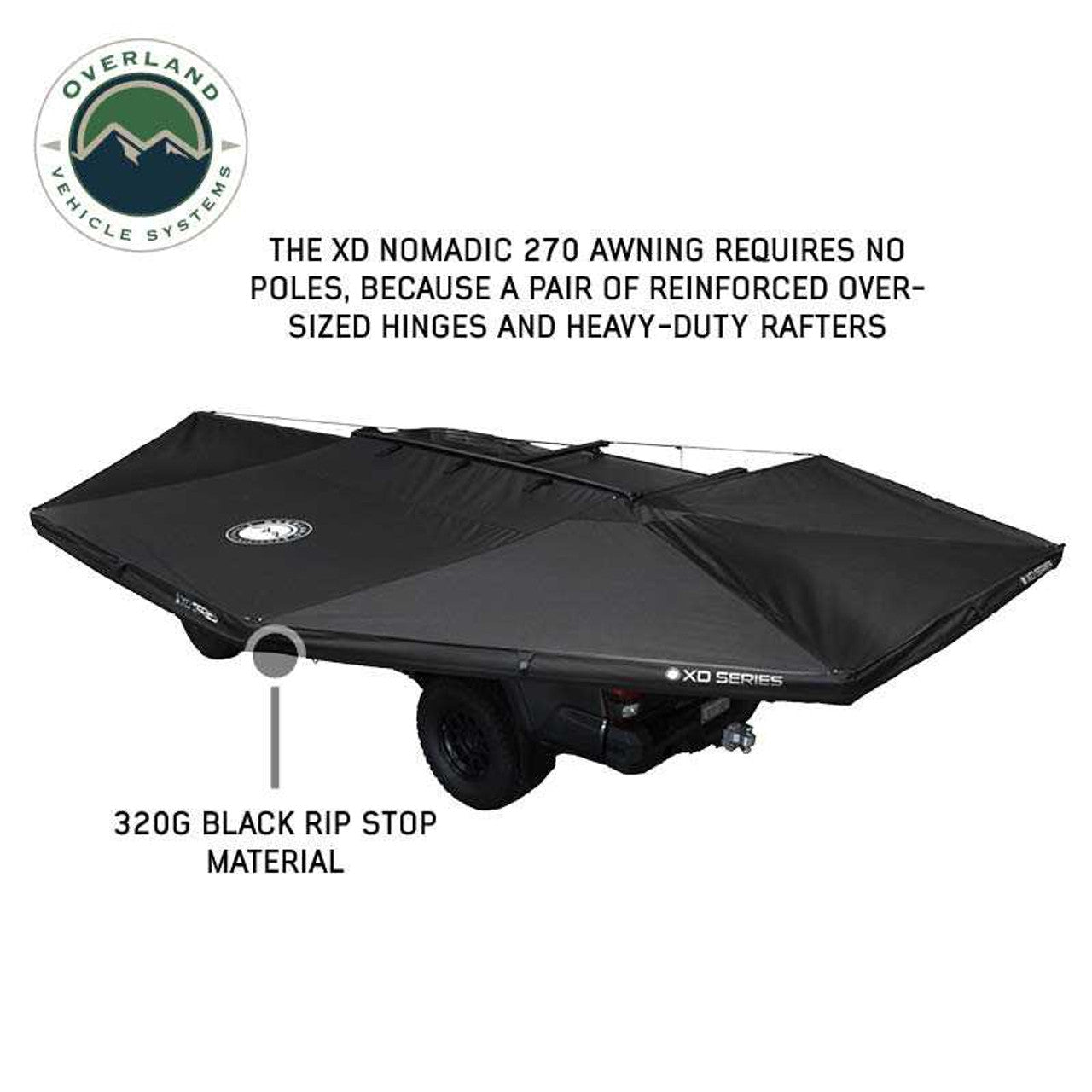 Overland Vehicle Systems XD Nomadic 270 - Awning W/Lights and Black Out , Passenger Side, Black Body, Black Trim and Black Travel Cover