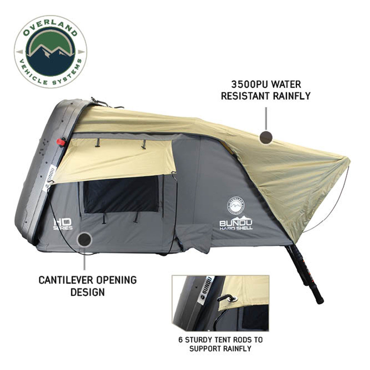 Overland Vehicle Systems HD Bundu 4 - Hard Shell Roof Top Tent, 4 Person, Grey Body and Black Rainfly