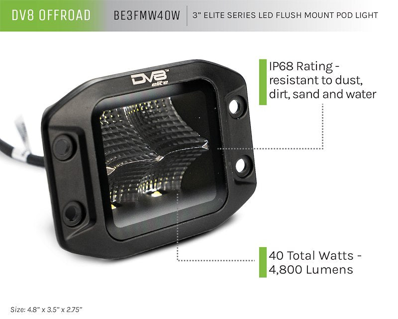 DV8 Offroad 3-Inch Elite Series LED Flush Mount Single Flood Pod Light