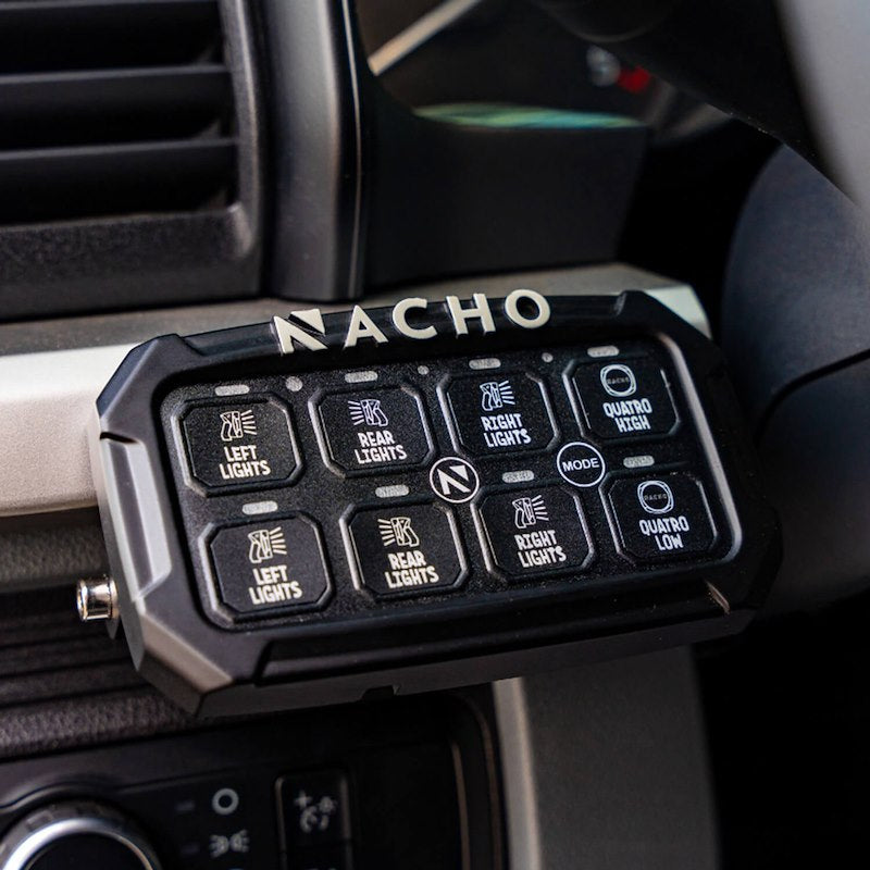 Nacho Programmable 8-Switch System on car dashboard, controls left, right, and rear lights.