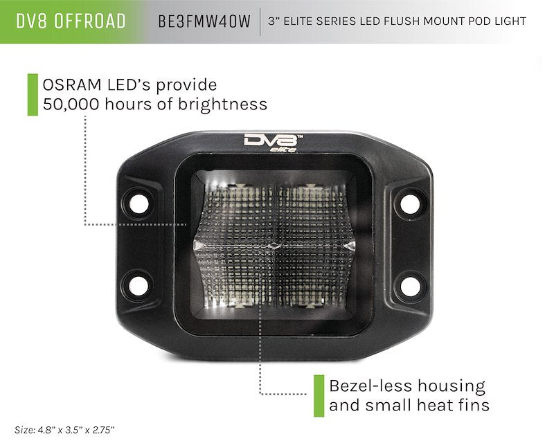 DV8 Offroad 3-Inch Elite Series LED Flush Mount Single Flood Pod Light