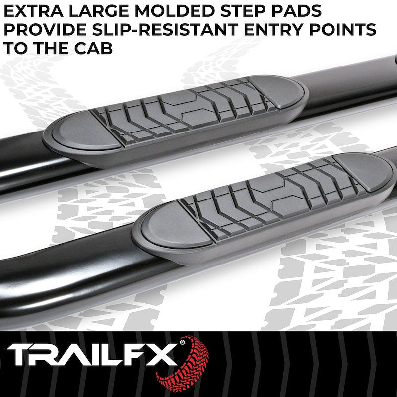 TrailFX TFX 5" Oval Bent Side Bars; With Step Pads; 5 Inch Oval Bent; Powder Coated; Black; Steel