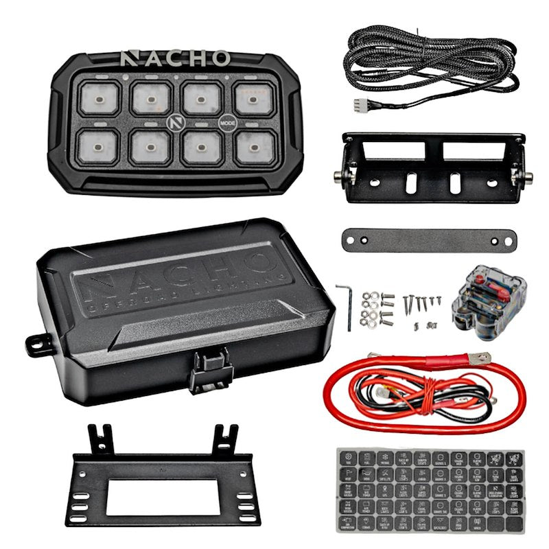 Nacho Programmable 8-Switch System components including switch panel, wiring harness, and installation kit.