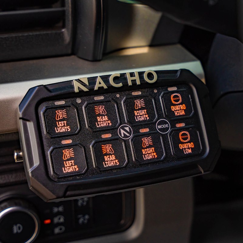 Nacho Programmable 8-Switch System control panel with illuminated buttons for various vehicle functions.
