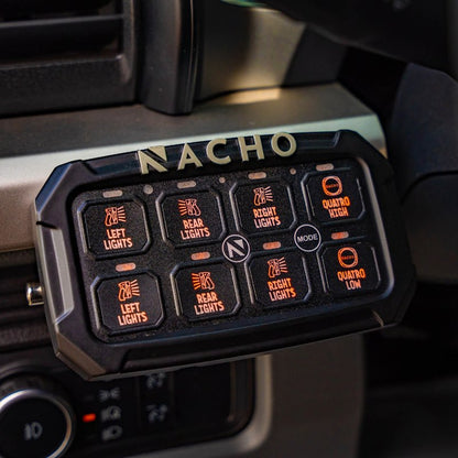 Nacho Programmable 8-Switch System control panel with illuminated buttons for various vehicle functions.