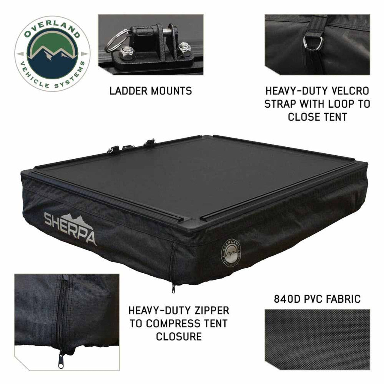 Overland Vehicle Systems XD Sherpa S4S - Soft Sided Roof Top Tent, 4 Person, Grey Body and Black Rainfly