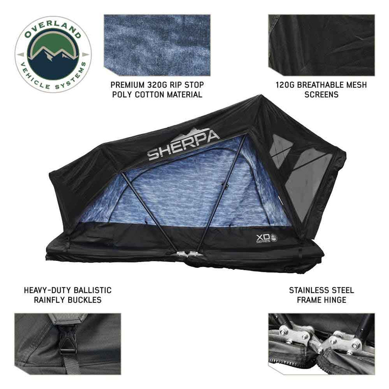 Overland Vehicle Systems XD Sherpa S4S - Soft Sided Roof Top Tent, 4 Person, Grey Body and Black Rainfly
